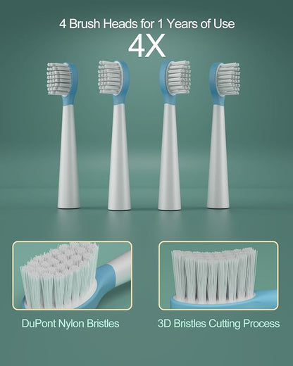 Sonic Rechargeable Kids Electric Toothbrush, 3 Modes with Memory, 35000 Strokes, IPX7 Waterproof,4 Soft Bristles Heads for Boys Girls Ages 3+ 4-7,Blue