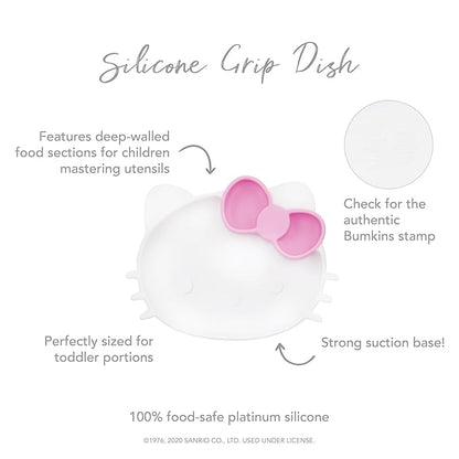 Bumkins Toddler and Baby Suction Plate, Silicone Grip Dish, Baby Led Weaning, Kids Feeding Supplies, Non Skid Sticky Bottom, Platinum Silicone, for Children Ages 6 Months Up, Hello Kitty