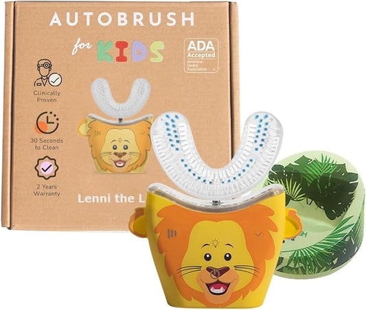 autobrush Kids U Shaped Electric Toothbrush, ADA Accepted, Sonic Pro with Unique 360° Nylon Bristles 3 Cleaning Modes,Whitening LED-Lights,Plays Music (Double-Sided),Ages 3-5, Lion