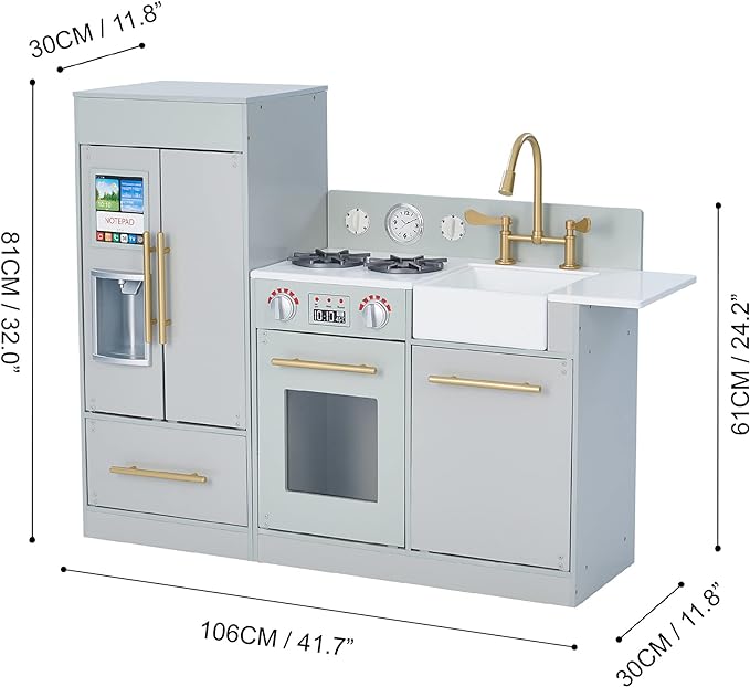 Teamson Kids Little Chef Charlotte Modern Modular Interactive Wooden Play Kitchen with Refrigerator, Stove and Sink in Gray with Gold Accents