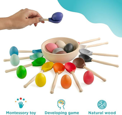 Ulanik Eggs and Spoons Toddler Montessori Toys for 1 Year Old + Kids Wooden Eggs Baby Matching Game for Learning Color Sorting and Counting — 12 pcs, 1.8 in