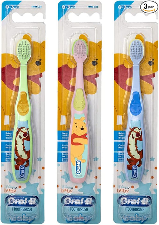 Oral-B Baby Manual Toothbrush, Pooh Characters, 0-3 Years Old, Extra Soft (Characters Vary) - Pack of 3