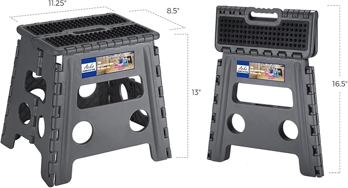 ACKO Folding Step Stool 13 inch Height Premium Heavy Duty Foldable Step Stools for Adults and Kids, Kitchen Plastic Small Collapsible Stepping Stool Hold Up to 300 LB Dot Grey (1 Pack)