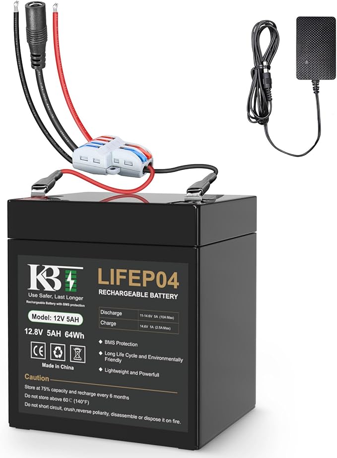 KBT 12V 5Ah Rechargeable Lithium LiFePO4 Battery Pack, Bare Leads Wire Replacement Battery with Charger Compatible with 12V Devices DIY Bluetooth Speaker Boombox Radio