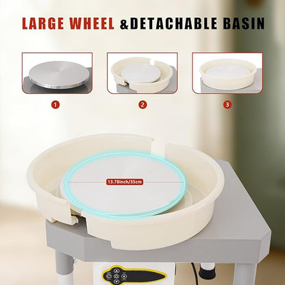 14" 450W Electric Pottery Wheel with LCD Panel Adjustable Speed Foot Pedal,Detachable Basin,Heighten Desk Legs,Clay Toolfor Kids, Adults, Beginners, Home DIY & Professional Pottery Making