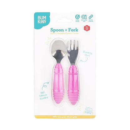 Bumkins Toddler Utensils, Kids Size Fork and Spoon Set, Silicone and Stainless-Steel Training Silverware, Angled Forks / Sporks for Self-Feeding, Children Hold Learning to Eat, 18 Months Up, Fuchsia