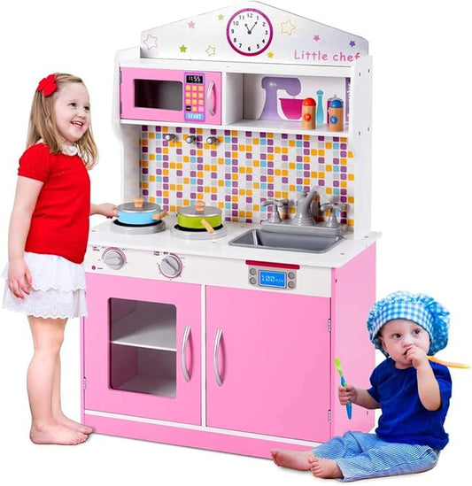 ARLIME Kids Kitchen Playset, Wooden Toy Kitchen w/ Removable Sink, Microwave, Cookware, Large Storage Cabinet, Pretend Play Kitchen for Boys Girls (Pink)