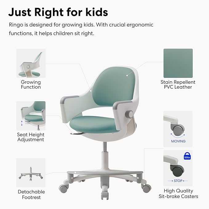 SIDIZ Ringo Kids Desk Chair : Ergonomic Kids Chair with Footrest, 4-Step Growing Function, Adjustable Seat Height, Sit-Locking Casters, Swivel Type Kids Chair (Mint Green Chair)