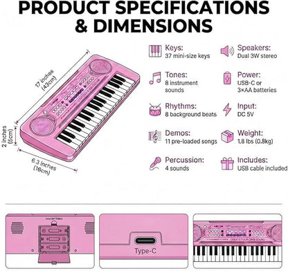 Raimy Keyboard Piano for Kids, 37 Keys Portable Keyboard Piano Early Learning Educational Electronic Musical Instrument Toys Gifts for 3 4 5 6 7 8 9 Year Old Boys and Girls (Pink)