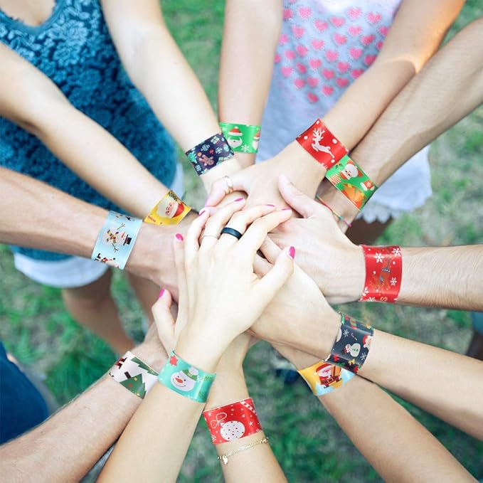 Lumiparty 60 PCS Christmas Kid's Slap Bracelets, Slap Bands,Snap Bracelets,Party Favors Pack with Snowflakes,Santa Claus,Snowman for Kids Valentines Gift Classroom Exchange with 4 Sheets Sticker.