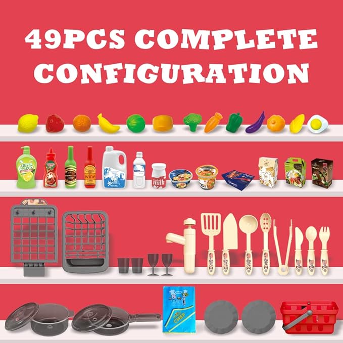 Kitchen Play Set for Kids - 49PCS Pretend Cooking Playset Accessories with Pot and Pan,Dish Rack,Play Sink,Pretend Play Food Toys with Baby&Toddler-Educational Gift for 3 4 5 6 Ages Girls&Boys