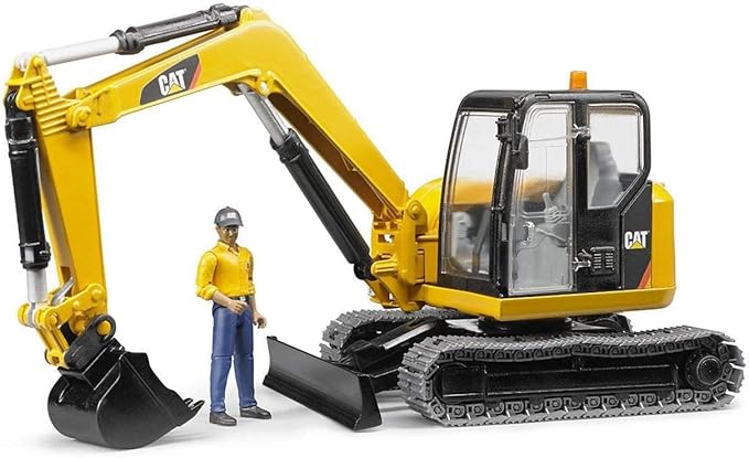 Bruder CAT Mini Excavator Construction Digger Toy with Worker, 1:16 Scale, Realistic Working Parts
