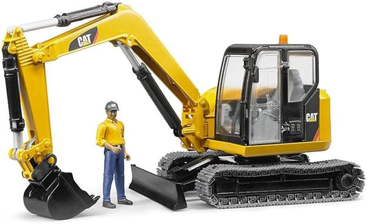 Bruder CAT Mini Excavator Construction Digger Toy with Worker, 1:16 Scale, Realistic Working Parts