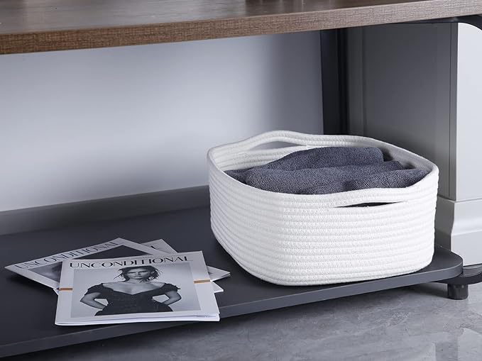 Woven Cotton Rope Storage Basket, Cube Changing Table Organizer for Closet Towels, Baby Nursery Bin, Small Dog Cat Toy Box, Gift Baskets empty (White)