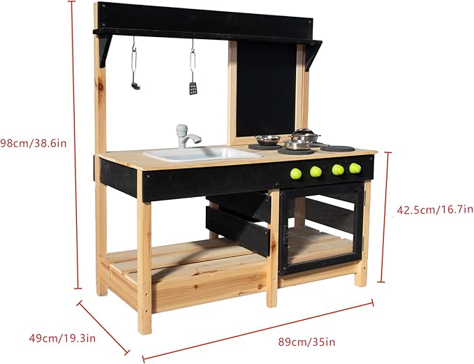 Mud Kitchen Playset for, Outdoor Wooden Toy Play Kitchen Set for Boys and Girls, Kitchen Accessories and Garden Sink with Faucet, Blackboard, Cookware Pot (Black)