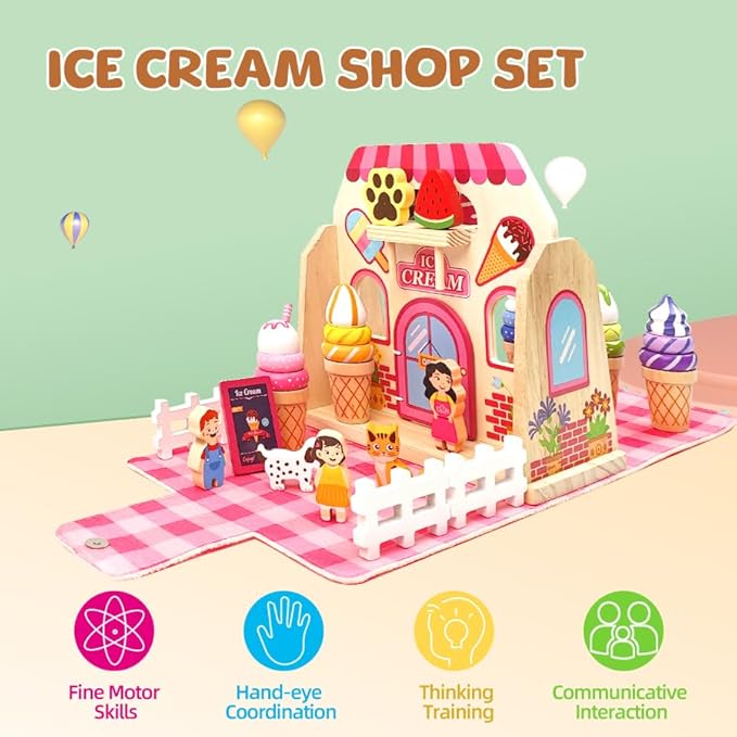 Migargle Wooden Ice Cream Shop Playset - Pretend Play Food & Kitchen Accessories for Kids Ages 3+, Portable Handbag Included, Ideal Christmas & Birthday Gifts for Girls and Boys