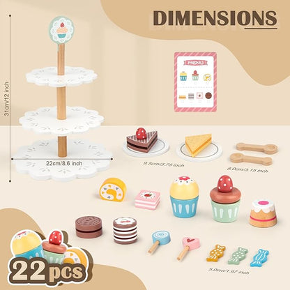 Play Food Sets for Kids Kitchen, Wooden Play Food Including Three-Tier Cake Stand, 22 Pcs Wooden Food Toys, Toddler Girl Toys