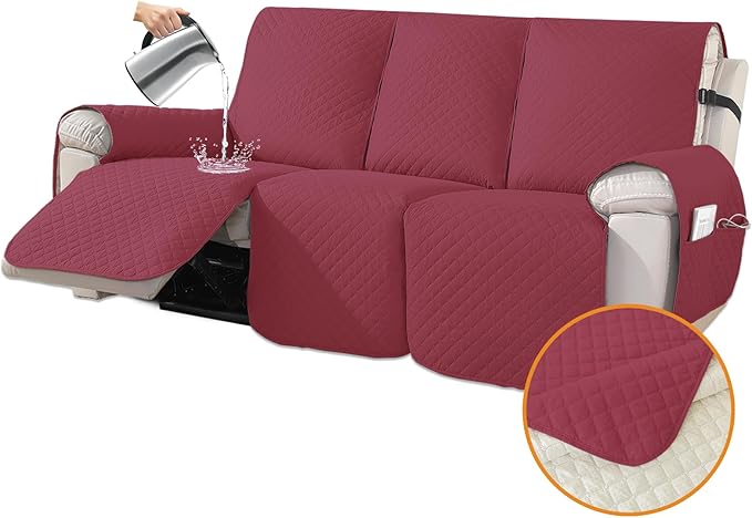 XINEAGE Water Resistant Recliner Cover, 3 seat Recliner Sofa Covers with Pockets, Quilted Thick Recliner Protector Cover for Dog Pets with Non Slip Backing and Strap (Recliner Sofa, Red)