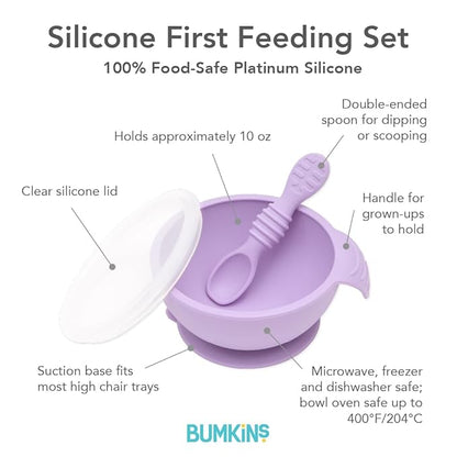 Bumkins Baby Bowl, Silicone Feeding Set with Suction for Baby and Toddler, Includes Spoon and Lid, First Feeding Set, Training Essentials for Baby Led Weaning for Babies 4 Months Up, Lavender