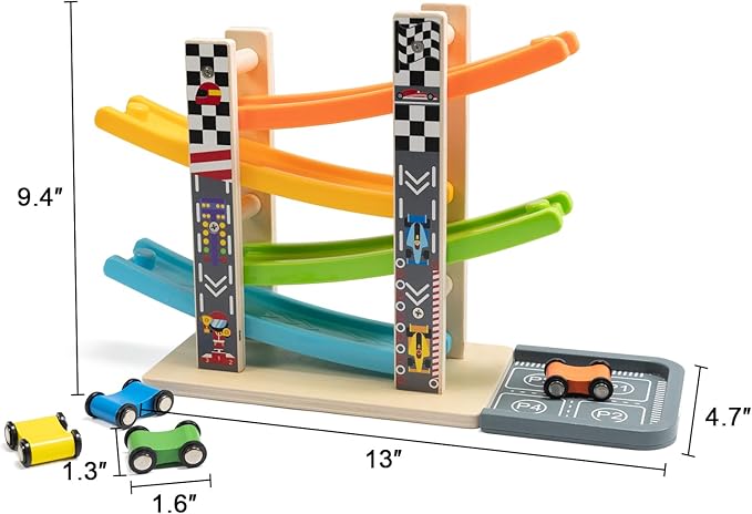 WOOD CITY Wooden Car Ramp Racer Toy Vehicle Set with 4 Mini Cars & Race Tracks, Toddler Toys for 1 2 3 Years Old, Montessori Cars Toys Birthday Gift for Kids Boys and Girls