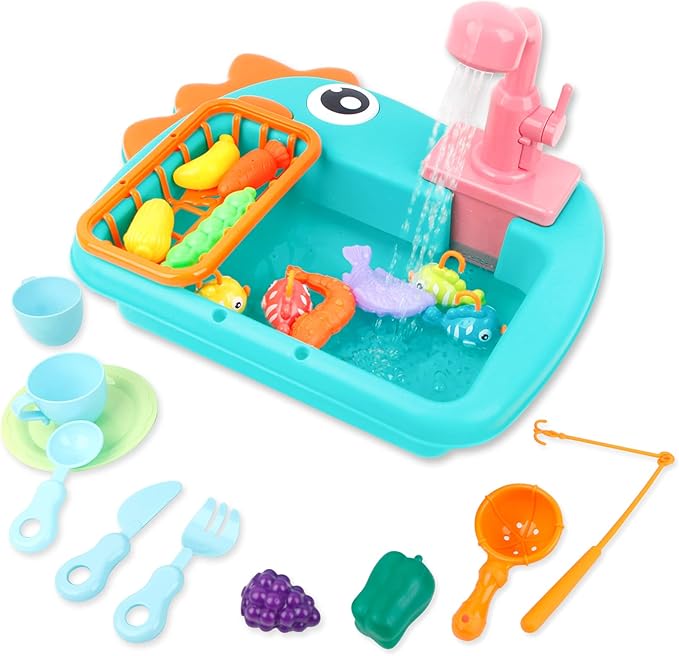 Ruibytree Play Kitchen Sink Toy, Water Toys for Kids with Electronic Dishwasher, Pretend Play Utensils Accessories and Play Cutting Food for Boys and Girls (Dinosaur)