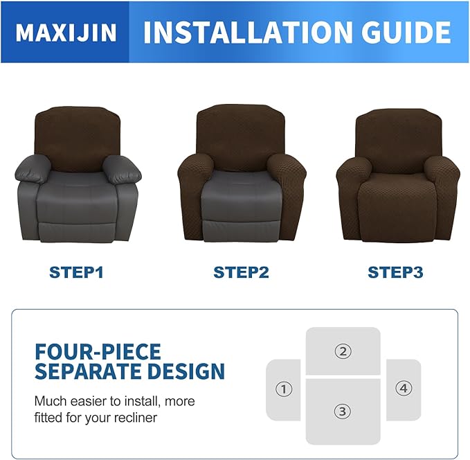 MAXIJIN Latest Recliner Slipcovers for Living Room 4 Pieces Stretch Jacquard Recliner Chair Cover Soft Fitted Recliner Protector with Elastic Bottom for Kids, Pets (Recliner, Dark Coffee)