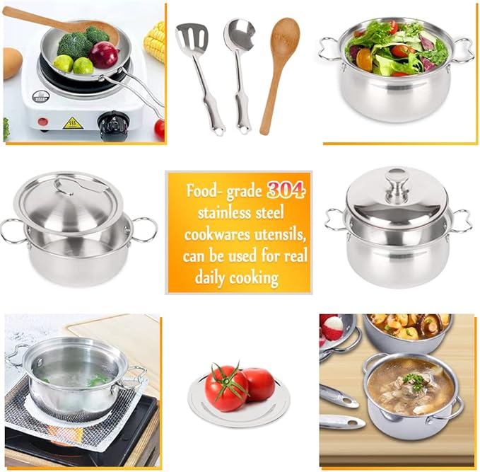 Pretend Play Kitchen Cooking Toys with Stainless Steel Cookware Play Pots and Pans Set，Cooking Utensils Kitchen Play Accessories Toys Cooking Pots for Toddlers Boys Girls for Kids