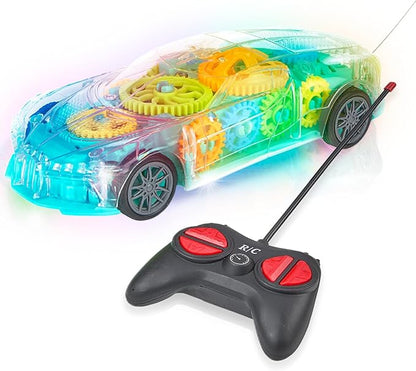 Playbees Light-Up Transparent Car with Remote Control, Toys for Autistic Kids Ages 3-5 Sensory Activity for Kids with Autism Special Needs Toys, Bump and Go Toys for Toddlers Music and LED Effects