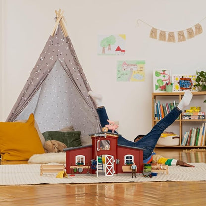 Schleich Farm World Animal Farm Playset with Figurine and Accessories - 92pc Kids Animal Farm Playset with Cow, Horse, Pig, Bull, and Accessories for Boys and Girls, Gift for Kids Age 3+, Red