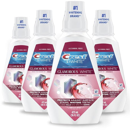 Crest 3D White Glamorous White Alcohol Free Multi-Care Whitening Mouthwash, Hydrogen Peroxide Mouthwash, Arctic Mint, 16 fl oz (473 mL) - Pack of 4, Crest Mouthwash