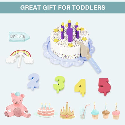 Pretend Play Food for Toddlers 1-3,Wooden Birthday Fake Cake with Candles and Numbers,Tea Party Learning Kitchen Gift Toys for Boys Girls (Rainbow Cake)
