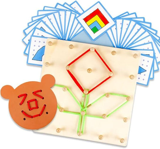 YHZAN Wooden Geoboard Graphing Peg Board Montessori Toddler Sensory Toy Colorful Rubber Bands Pattern Cards Preschool Learning Game
