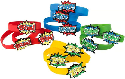Superhero Stretchy Rubber Bracelets 12 Pack (6") Colorful Wristbands with Comic Super Hero Action Sayings Snap! Pow! Boom! Zap. Great for Birthday, Party Favors (Superhero Bracelets, 12)
