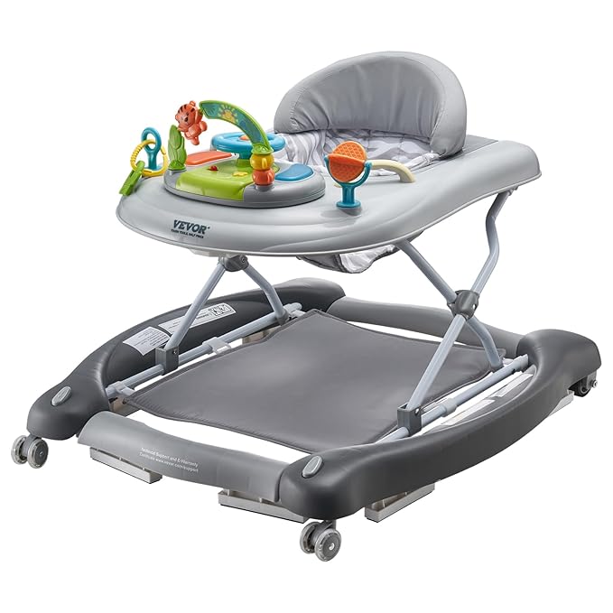 VEVOR 4-in-1 Baby Walker, Foldable Baby Activity Center with Wheels, 3 Adjustable Height, Music & Toys Tray, Learning-Seated | Walk-Behind | Rocker | Bouncer Toddler Walker for Boys Girls 6-24 Months