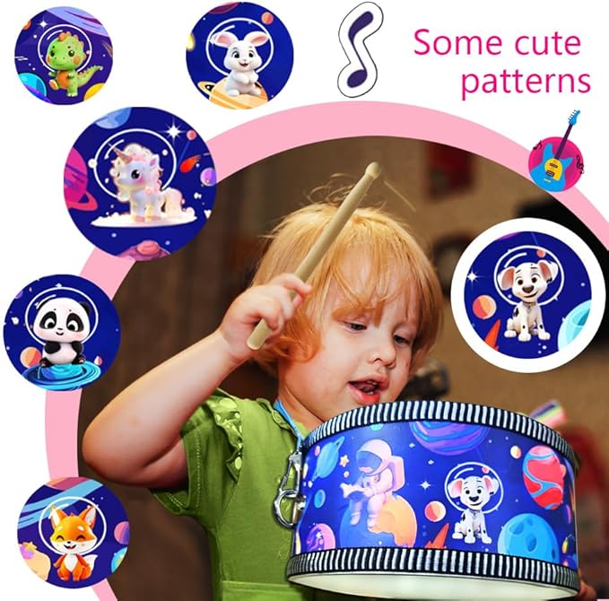 Kid Drum Set,8 Inch Wooden Drum Toys,Sensory Educational Musical Instrument Toy with Adjustable Strap,2 Drumsticks for Toddler,Baby Girls Boys, Astronauts Animals Dinosaurs
