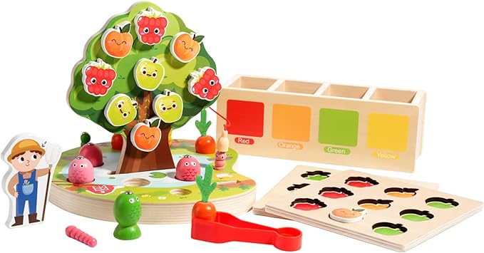 INIFEIDALA Montessori Wooden Preschool Educational Toy Ages 3-5 - Apple Picking Magnetic Fruit Tree, Shape Color Sorter, Carrot Harvest & Fishing Game - Fine Motor Skills Development