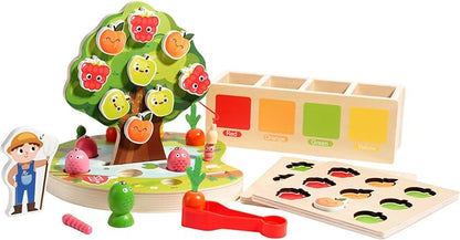 INIFEIDALA Montessori Wooden Preschool Educational Toy Ages 3-5 - Apple Picking Magnetic Fruit Tree, Shape Color Sorter, Carrot Harvest & Fishing Game - Fine Motor Skills Development