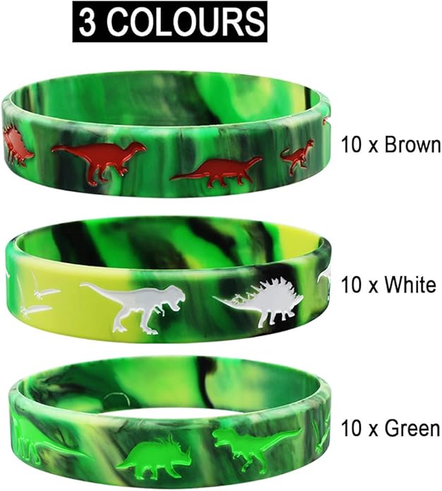 30 Pack Dinosaurs Silicone Wristbands Dinosaurs Bracelets Dinosaurs World Jurassic Party Supplies for Dinosaurs Theme Party Birthday Party Favors Gifts Bags Stuffers - 3 Colors