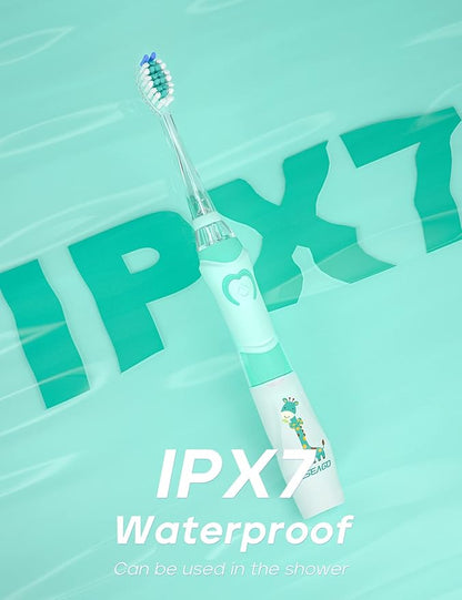 SEAGO Kids Electric Toothbrush with 2 Mins Brushing Timer and 4 Replacement Bursh Heads, Rainbow LED Light Make Brushing Fun, Green Color Boys Battery Powerd Toothbrush for 4-12 Years Old，SG-977