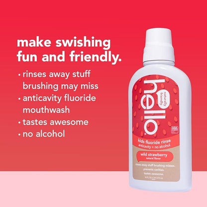 Hello Kids Wild Strawberry Natural Flavor Anticavity Fluoride Rinse - Vegan, Alcohol Free, and SLS Free Mouthwash for Children Age 2 and Up - 16 Ounce (Pack of 3)