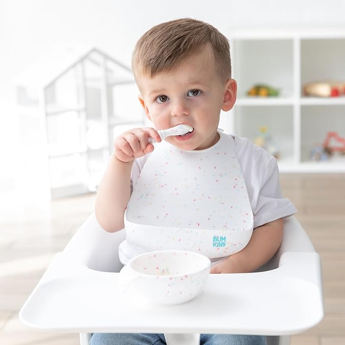 Bumkins Baby Bowls, Silicone Baby Feeding Set, Suction Bowls for Baby and Toddler with Spoon and Lid, First Feeding Set, Platinum Silicone Bowl for Babies 4 Months