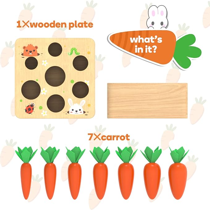 Montessori Toys for 1 Year Old, Carrots Harvest Wooden Baby Toys for 6-12 Months Educational Shape Sorting Matching Toys for Toddler Fine Motor Skill Development, Gift for Kids Birthday Easter Toys