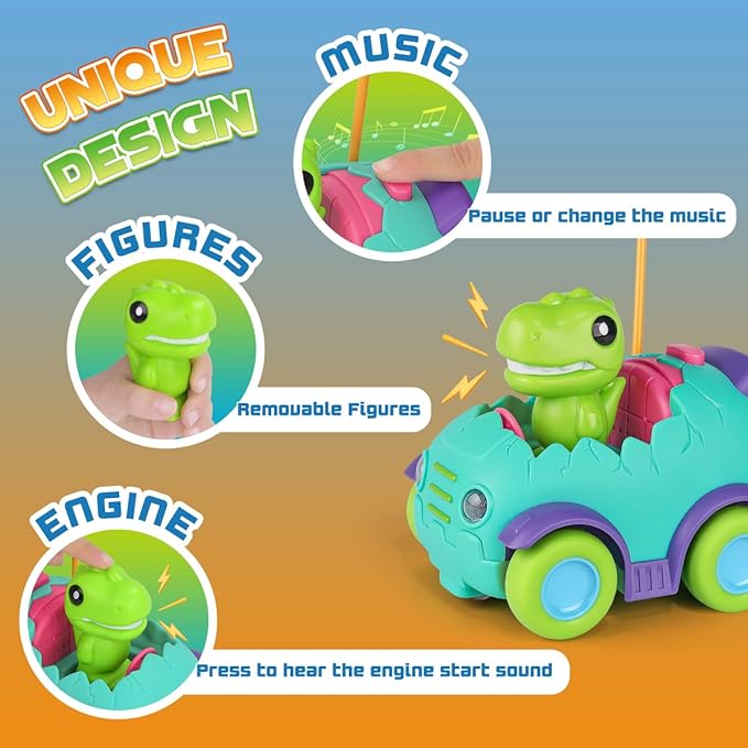 Nueplay Remote Control Car for Toddler Age 2 3 4 5, Electric RC Car Toys with Light & Music, Toddler Dinosaur Toys, Dino Race Car Vehicles, Dinosaur Figures Truck, Birthday Gift for Boys & Girls Green