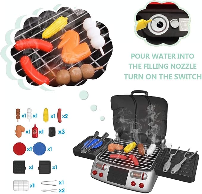 Pretend Play BBQ Grill for Kids with Lights, Sizzling Sounds and Smoke - 19 Piece Playset