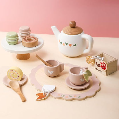 Dorjee Wooden Tea Set for Little Girls, Wooden Toys Toddler Tea Set Play Kitchen Accessories for Kids Tea Party with Play Food for Kid Age 3+ Gift