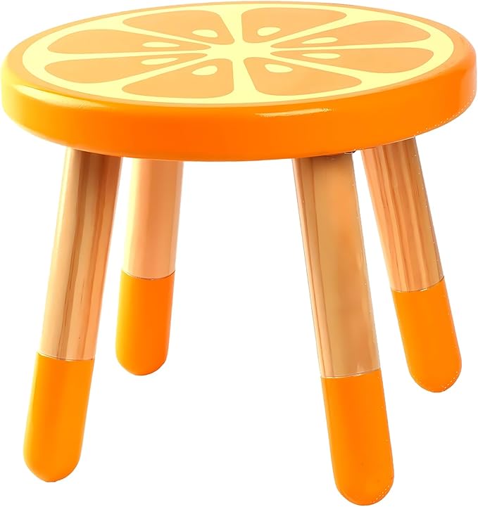RUYU Wooden Kids Stool for Sitting, Solid Hard Wood Fruit Stool, 10 Inch Milking Stool, Vanity Stool for Kids, Bedroom, Playroom, Orange Furniture Stool for Children, Adults Boys, Girls