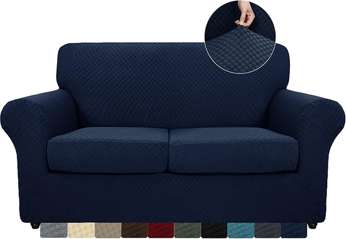 MAXIJIN 3 Piece Jacquard Couch Covers for 2 Cushion Couch Stretch Non Slip Love Seat Couch Cover for Dogs Pet Friendly Elastic Furniture Protector Loveseat Slipcovers (Loveseat, Navy Blue)