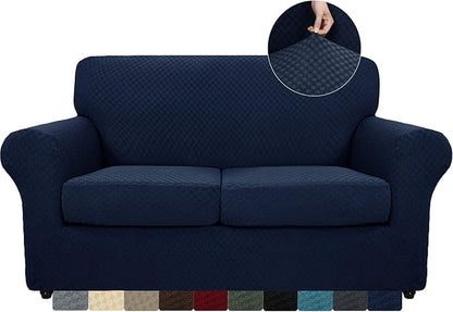 MAXIJIN 3 Piece Jacquard Couch Covers for 2 Cushion Couch Stretch Non Slip Love Seat Couch Cover for Dogs Pet Friendly Elastic Furniture Protector Loveseat Slipcovers (Loveseat, Navy Blue)