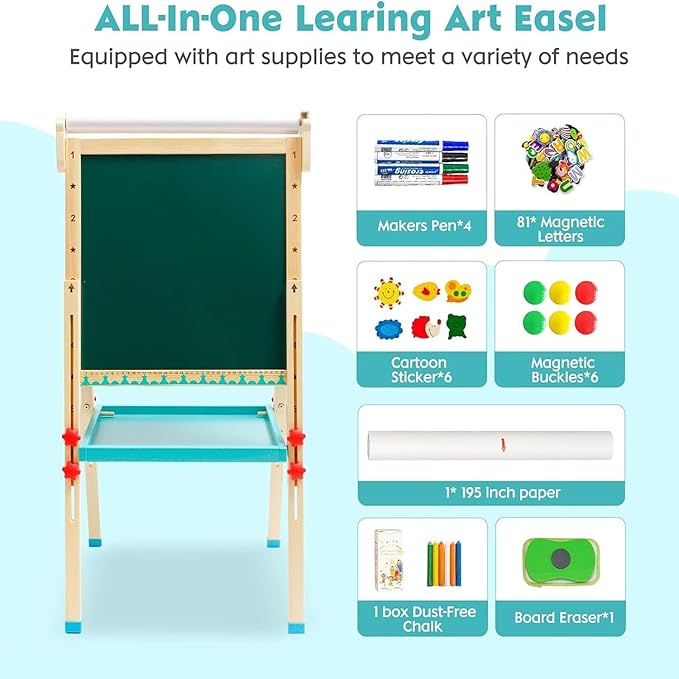Children's Art Easel with Paper Roll,Double-Sided Whiteboard&Chalkboard,Adjustable Magnetic Standing Easel with Numbers and Other Accessories,Painting Easel for Girls Boys