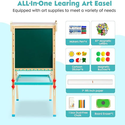 Children's Art Easel with Paper Roll,Double-Sided Whiteboard&Chalkboard,Adjustable Magnetic Standing Easel with Numbers and Other Accessories,Painting Easel for Girls Boys